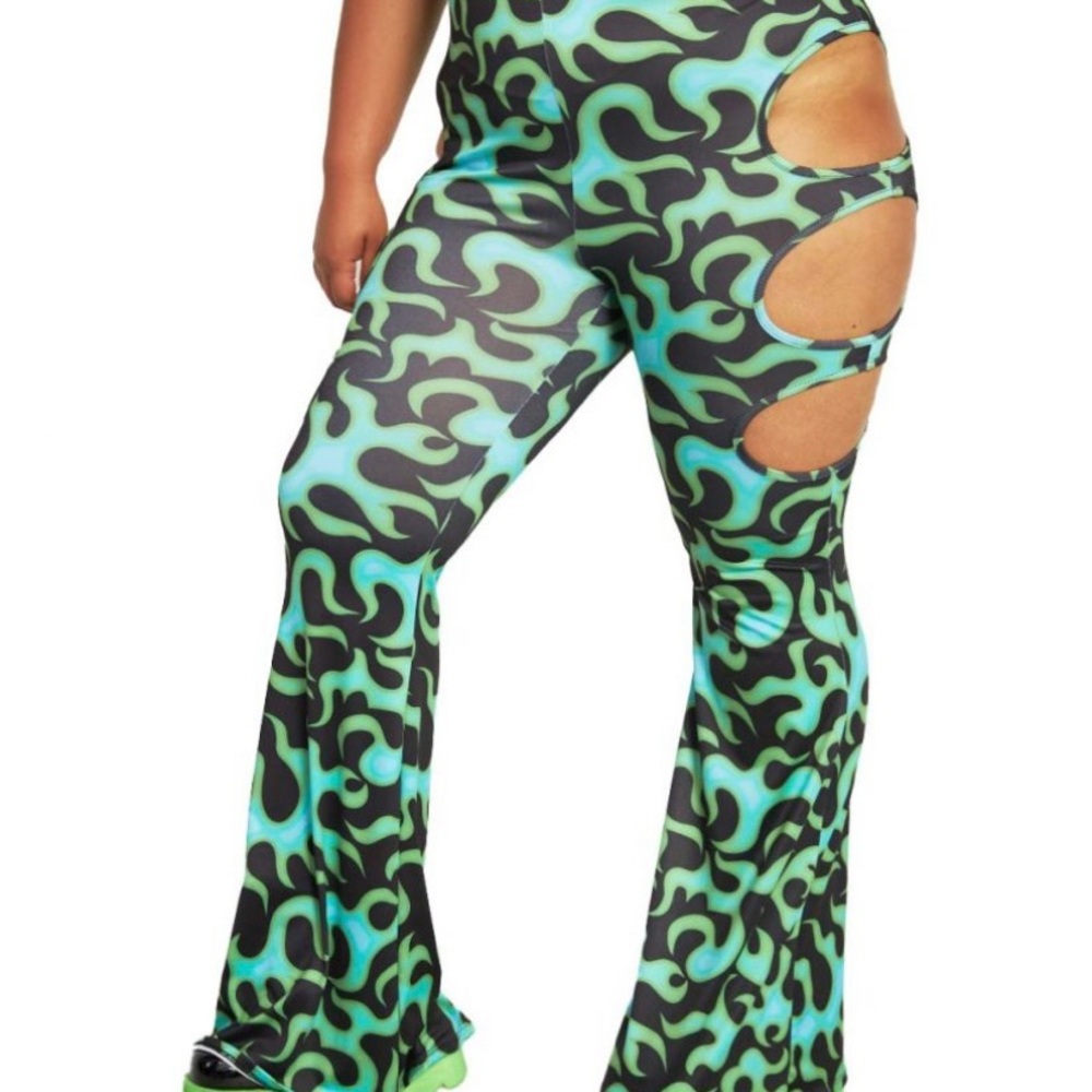 Green flame bell bottoms with side cut outs